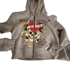 Ed Hardy Gray Crop Top with Skull Design